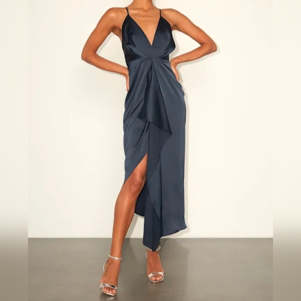 Lulus Caught Feelings Navy Blue Satin Ruffled Midi Dress Size XS